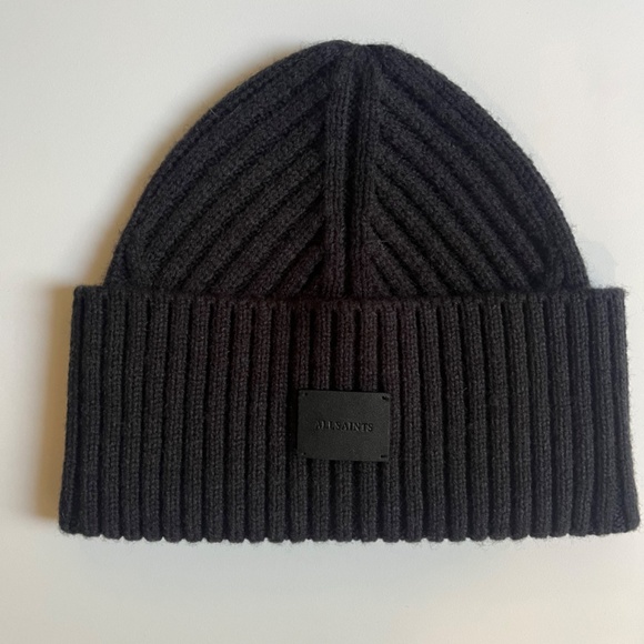 ALLSAINTS Traveling Rib Patch Casual Black Beanie Hat Wool Blend - Picture 2 of 6